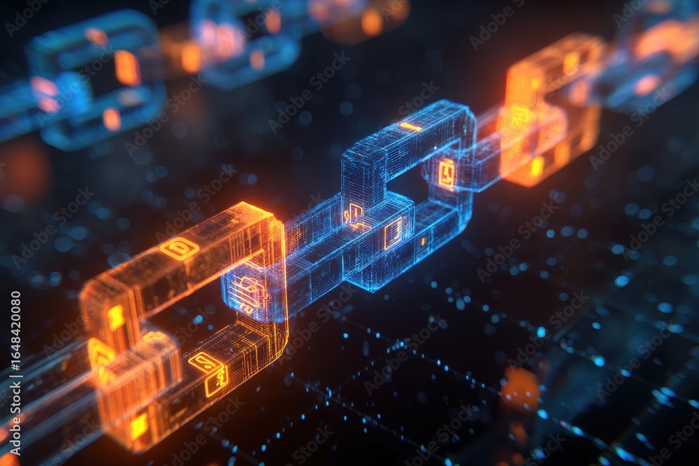 Aufkleber a sleek, futuristic 3d blockchain display with angular blocks in electric blue and neon orange, each