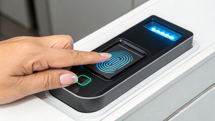 Secure access granted as finger scans biometric reader, unlocking advanced technology.