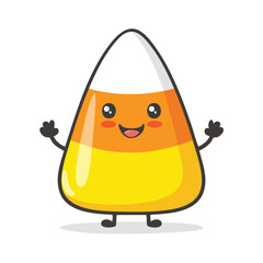 A cute cartoon candy corn character with a smiling face and outstretched arms.