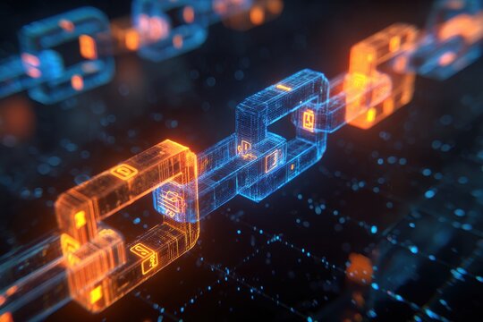 A sleek, futuristic 3D blockchain display with angular blocks in electric blue and neon orange, each adorned with digital lock, node, and key symbols glowing subtly.