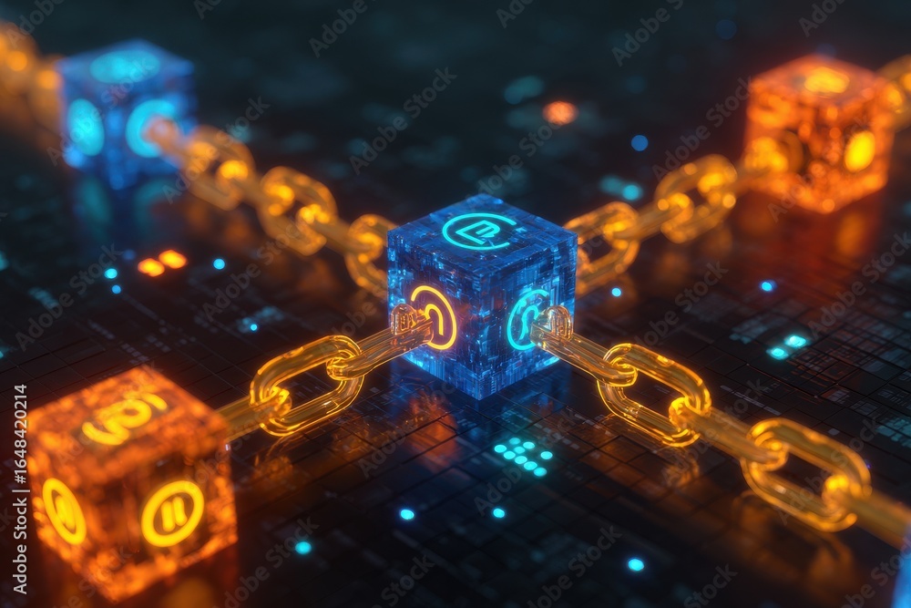 Poster a sleek, futuristic 3d blockchain display with angular blocks in electric blue and neon orange, each