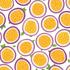 Close-up of sliced passion fruits, showcasing the vibrant yellow pulp and purple rind, arranged in a repeating pattern.