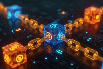 A sleek, futuristic 3D blockchain display with angular blocks in electric blue and neon orange, each adorned with digital lock, node, and key symbols glowing subtly.