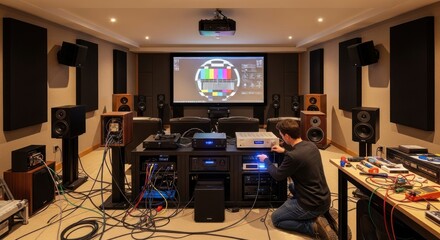 Home Theater Setup: Technician Configuring Audio-Visual System