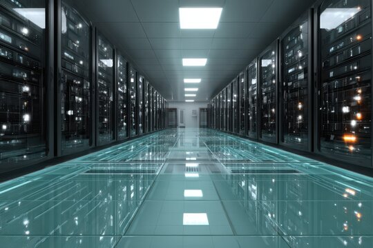 A sleek, wide-angle view down a modern data center aisle with rows of black server racks on either side. The room is bathed in soft teal and white lighting.