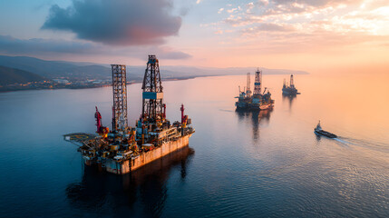 Aerial view of offshore oil rigs amidst calm waters, showcasing maritime operations and the beauty of coastal regions. Ideal for environmental and industry themes.