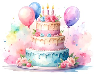 Pastel birthday cake with balloons