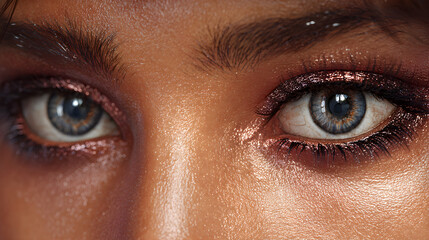 Fototapeta premium Elegant close-up portrait showcasing vibrant and meticulously applied eye makeup, emphasizing the captivating allure and artistry behind modern cosmetic techniques