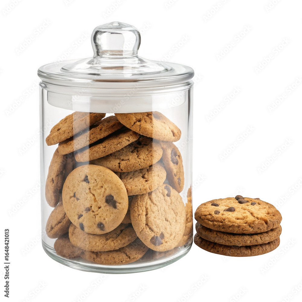 Poster glass cookie jar filled with chocolate chip cookies and a stack of cookies isolated on transparent b