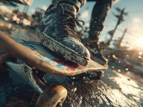 Close-up of a skateboarder's dirty sneakers on a wet street with sunlight - Powered by Adobe