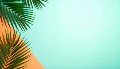 ミントグリーンとオレンジの爽やかな南国背景　夏色パームリーフ　南国を感じさせるミニマルなデザイン