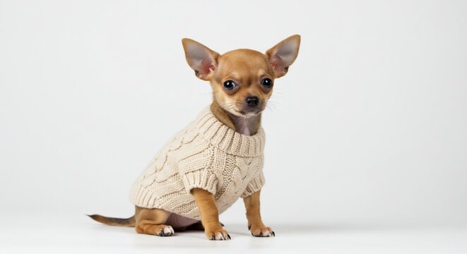 Chihuahua in Cozy Knit: A charming chihuahua sits gracefully, swathed in a snug knit sweater, epitomizing comfort and cuteness.