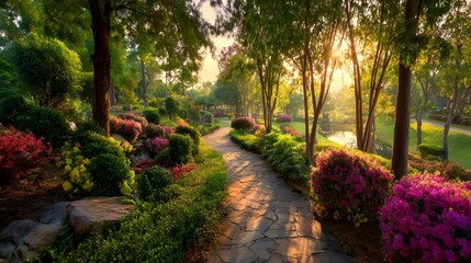 Obraz premium A sun-drenched garden path winds through vibrant floral displays.