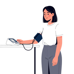 Vector set of a young woman standing while checking her blood pressure.
