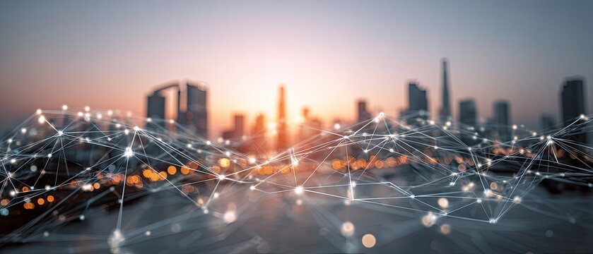 Cityscape overlaid with a network of interconnected lines and points