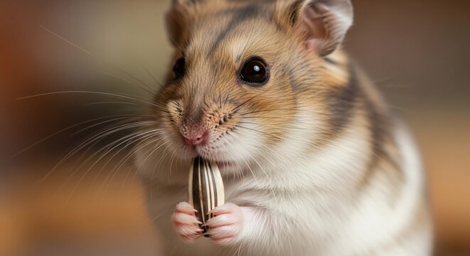 Hamster munching on sunflower seed: An adorable hamster indulges in a sunflower seed, showcasing its tiny paws and charming features in a close-up shot.