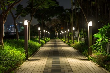 Fototapeta premium Serene nighttime pathway illuminated by soft lights, surrounded by lush greenery and urban skyline