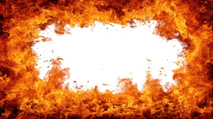 Fiery orange and yellow flames form a border around a white center