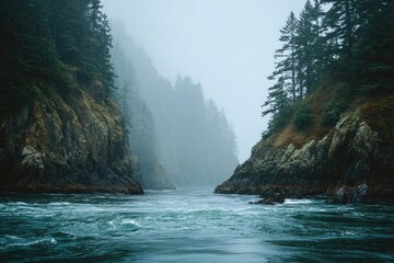 Misty fjord with towering, verdant cliffs
