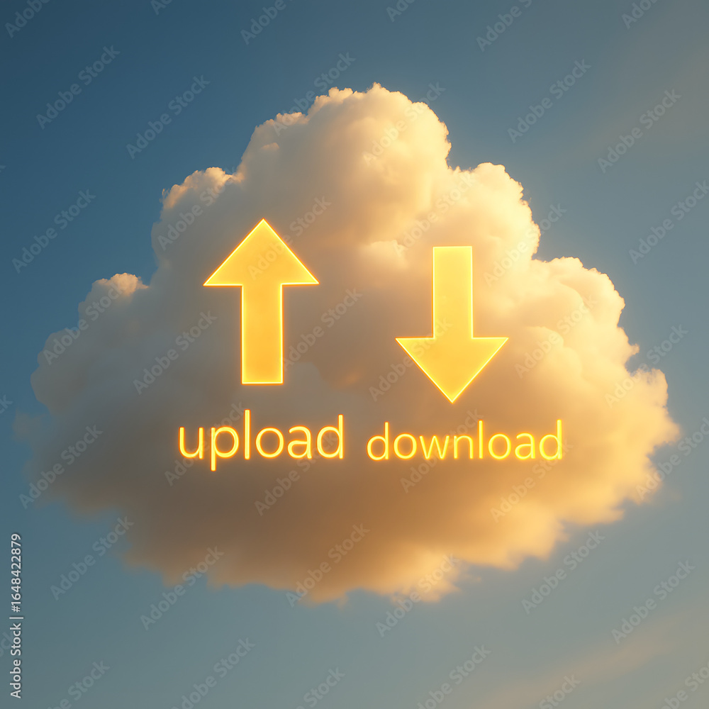 Poster cloud data transfer: a luminous cloud floats against a vibrant blue sky, illuminated with glowing ar
