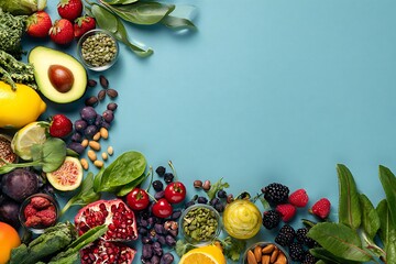 Assortment of Fresh Fruits Vegetables and Seeds Arranged on Blue Background healthy eating fresh food