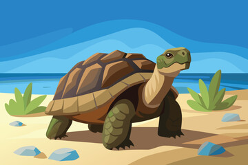 Cartoon Tortoise on Sandy Beach with Blue Sky Background Illustration Style
