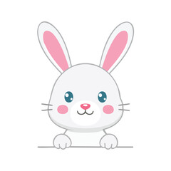 Cute cartoon bunny rabbit with big eyes, pink ears, and a sweet smile, holding a blank sign.
