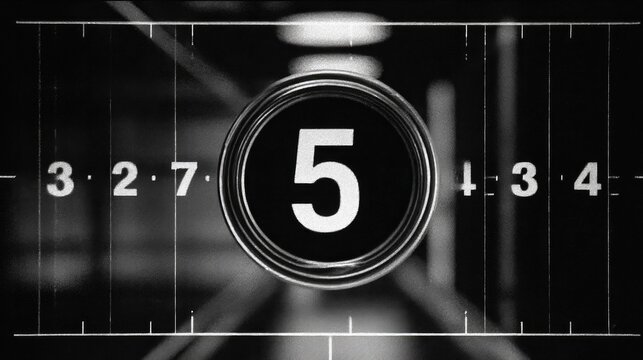 Black and white film still, circular number 5 centered in corridor