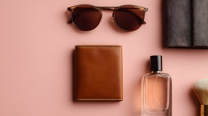 A stylish flat lay of personal accessories including sunglasses a leather wallet perfume and a textured case.