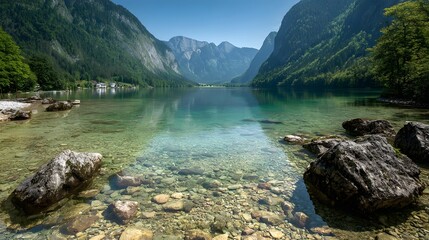 Crystal-clear lake with rocky shoreline and mountains.