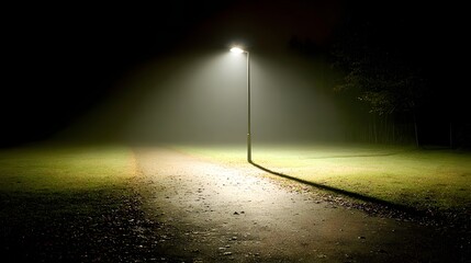 Foggy night scene with a solitary streetlamp.