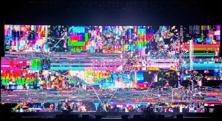 Vibrant Glitch Art Display on Large LED Screen at Concert Stage
