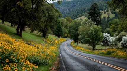 Winding road through a valley, bordered by wildflowers and trees