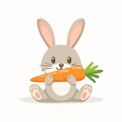 A cute cartoon bunny sitting and holding a bright orange carrot, smiling happily.