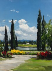 Landscape painting of a serene Italian-style garden