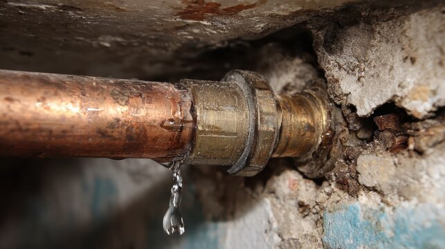 Leaky copper pipe joint with water dripping on a concrete wall background. Use for home repair, plumbing, or building maintenance concepts.
