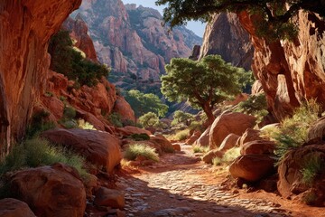 Sunny canyon path, red rocks, trees