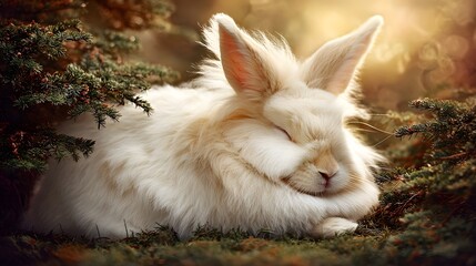A serene, white rabbit nestled amongst evergreen foliage.