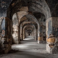 Decaying stone arches in an empty corridor