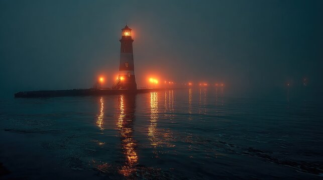 Misty night, lighthouse, glowing lights on water