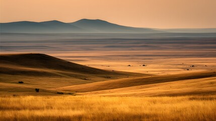 Obraz premium Golden, rolling hills stretching to distant mountains.