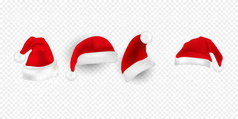Big set of realistic Santa Hats isolated on transparent background.