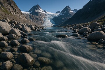 Majestic Glacier and Rocky River in Mountain Landscape