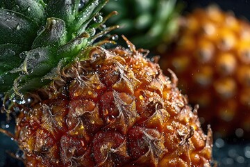 Close-up of a ripe pineapple covered in glistening water droplets, with another pineapple blurred in the background.