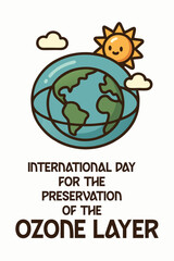 joyful design for the International Day for the Preservation of the Ozone Layer, with Earth under the care of the sun and clouds, representing global environmental responsibility
