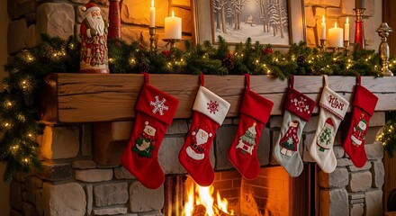 Cozy Christmas scene with stockings hanging above a fireplace. 