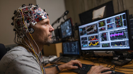 He monitors his brain through electrodes, brain-computer interfaces, electroencephalograms, and Stock simulations