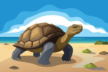 Illustration of a Galapagos Tortoise Walking on Sandy Beach with Sea and Sky Background
