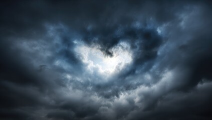 Obraz premium Heart-shaped hole in dark storm clouds