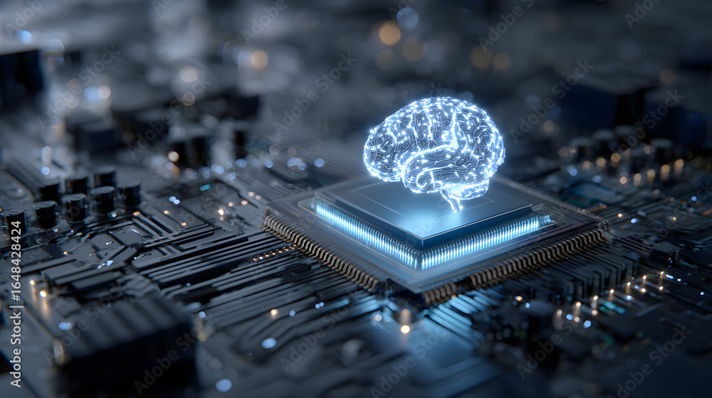 Poster the concept of stock hardware is represented in a 3d rendering, showcasing a glowing blue brain circ